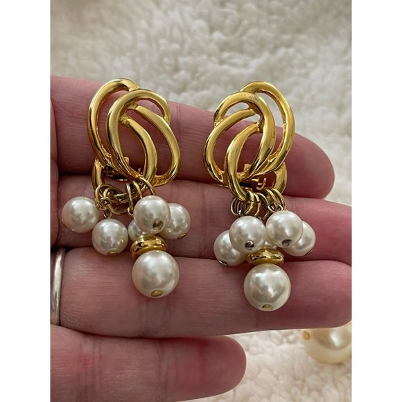 Vintage Gold Tone White Dangle Bead Clip-On Earrings - 2 Pairs - Picture 5 of 13